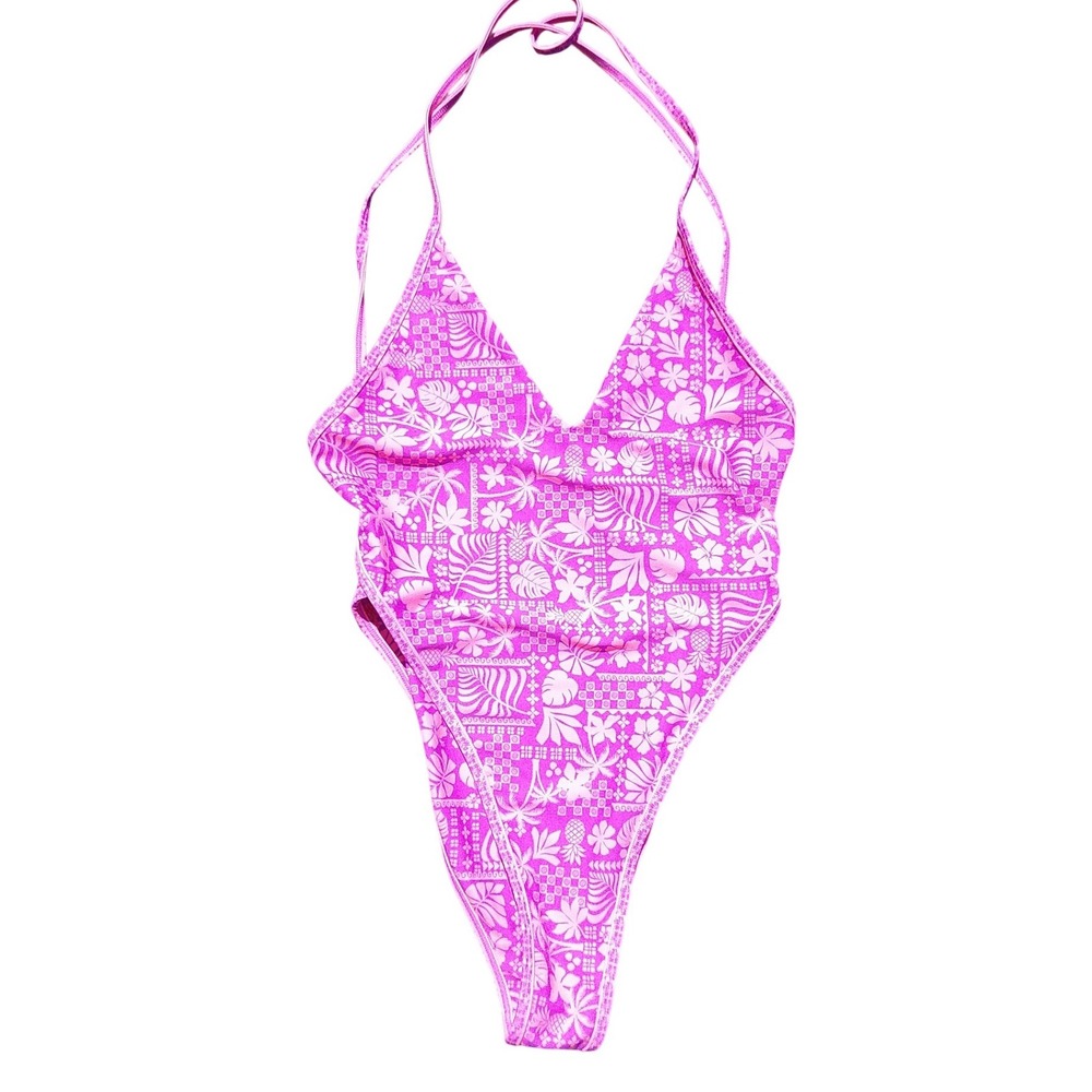 Kulani Kinis Purple Pink Tropical Floral Pineapple Plunge One Piece Swimsuit S